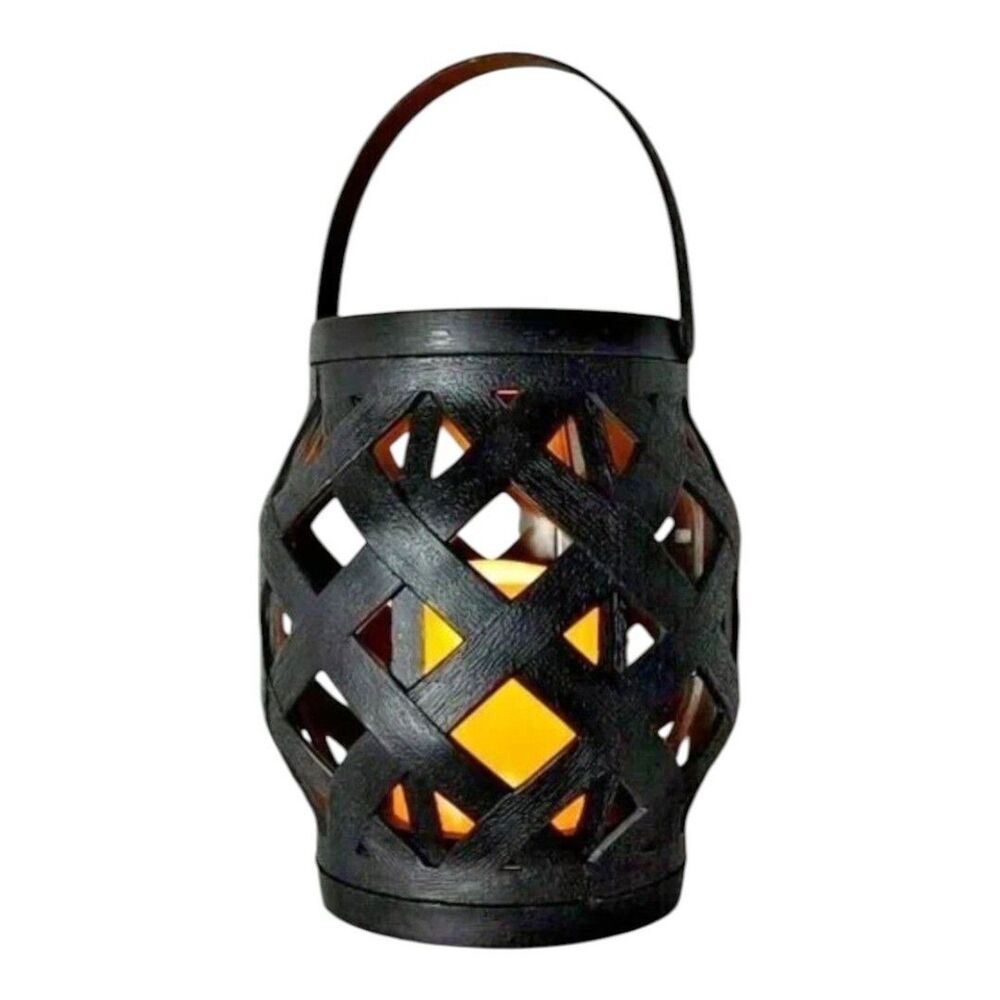 Decorative Tabletop LED Basket Weave Lantern Black Plastic Flameless Candle New